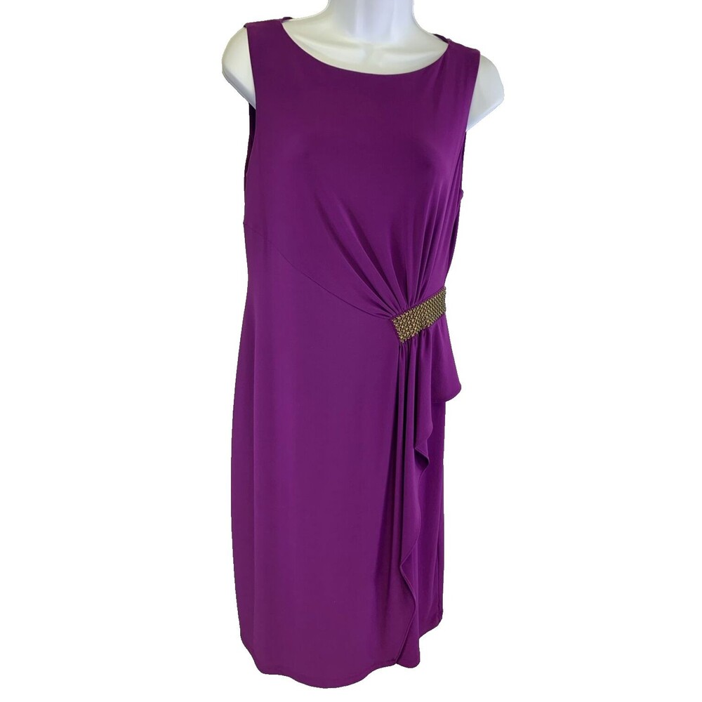Anne Klein Sleeveless Faux Wrap Beaded Purple Midi Stretch Dress Size 8